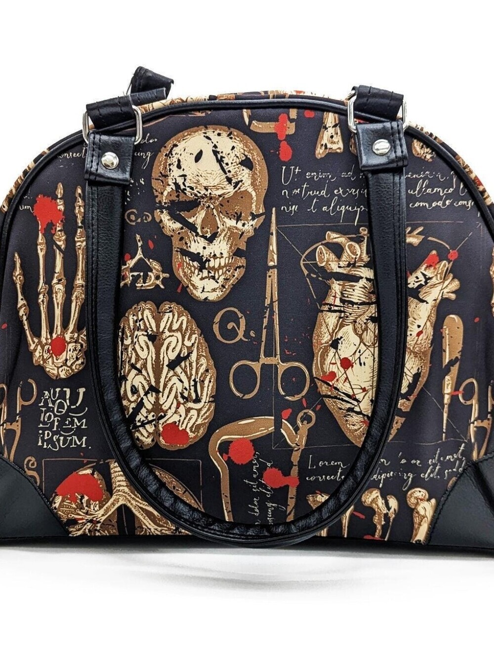 Black Anatomical Skull Print Dome Satchel - Unbranded